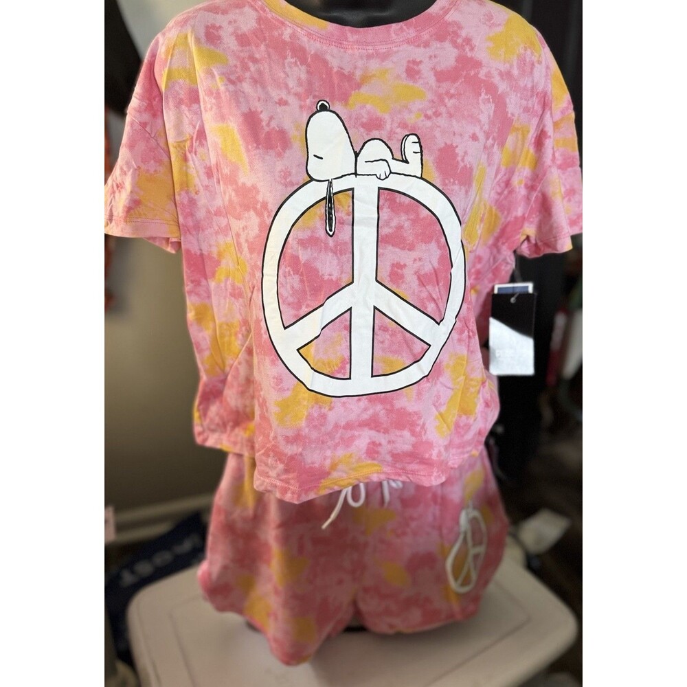 Peanuts Snoopy Tie Dye Pink & Orange Cropped Top T-Shirt & Fleece Shorts SZ LG